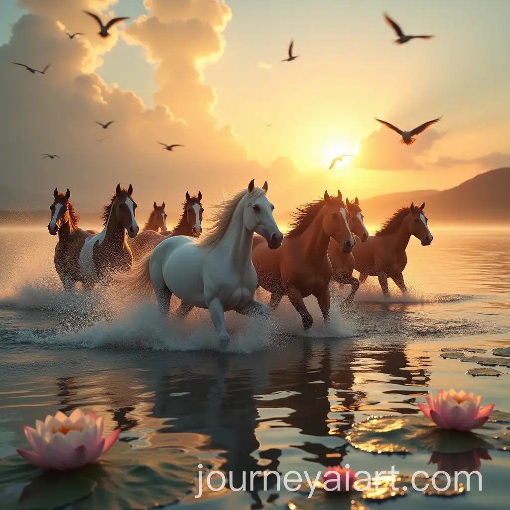 Seven-Horses-Running-Through-Water-with-Sunrise-and-Birds-in-the-Sky