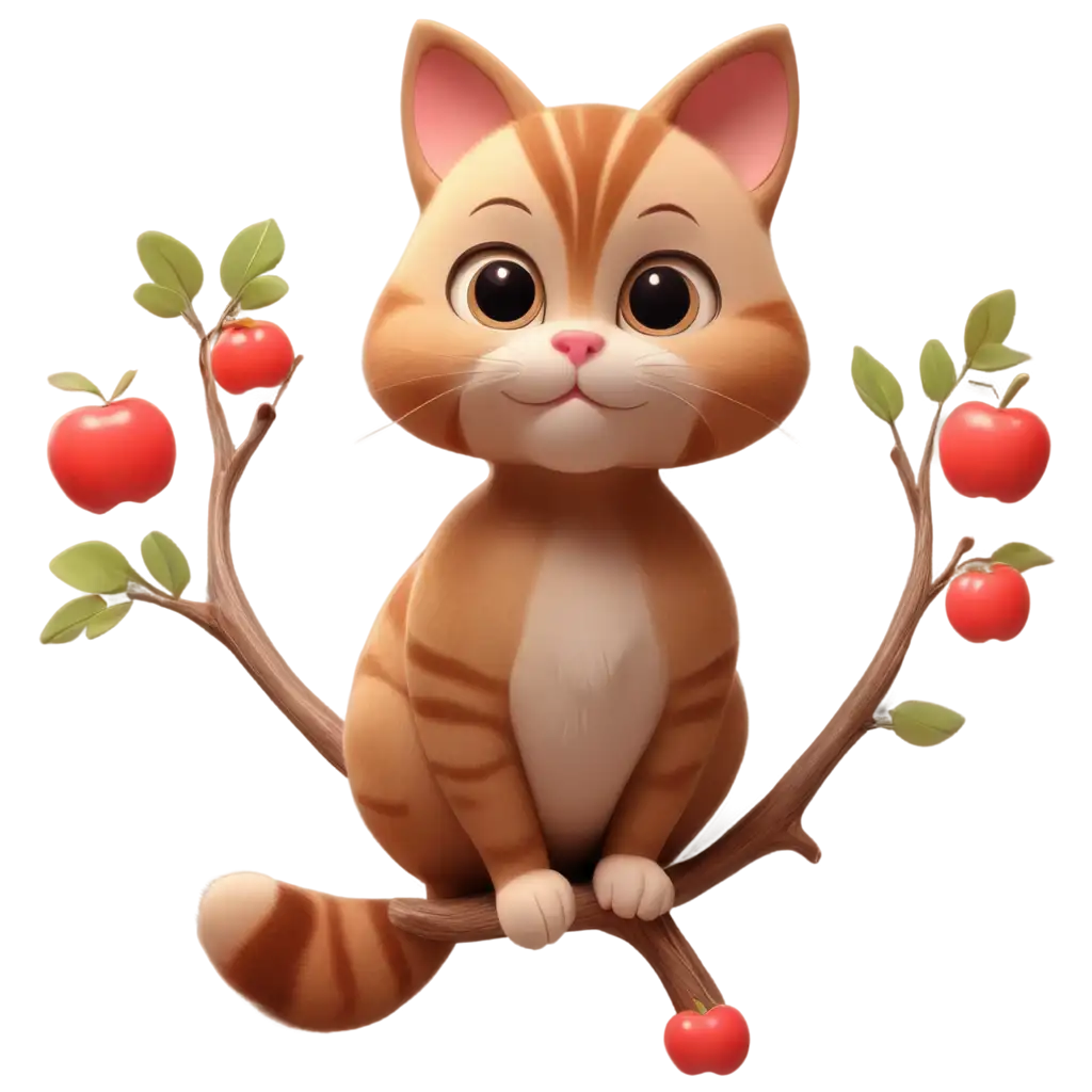 Cute-3D-Cat-Sitting-on-a-Branch-of-an-AppleColored-Tree-PNG-Image