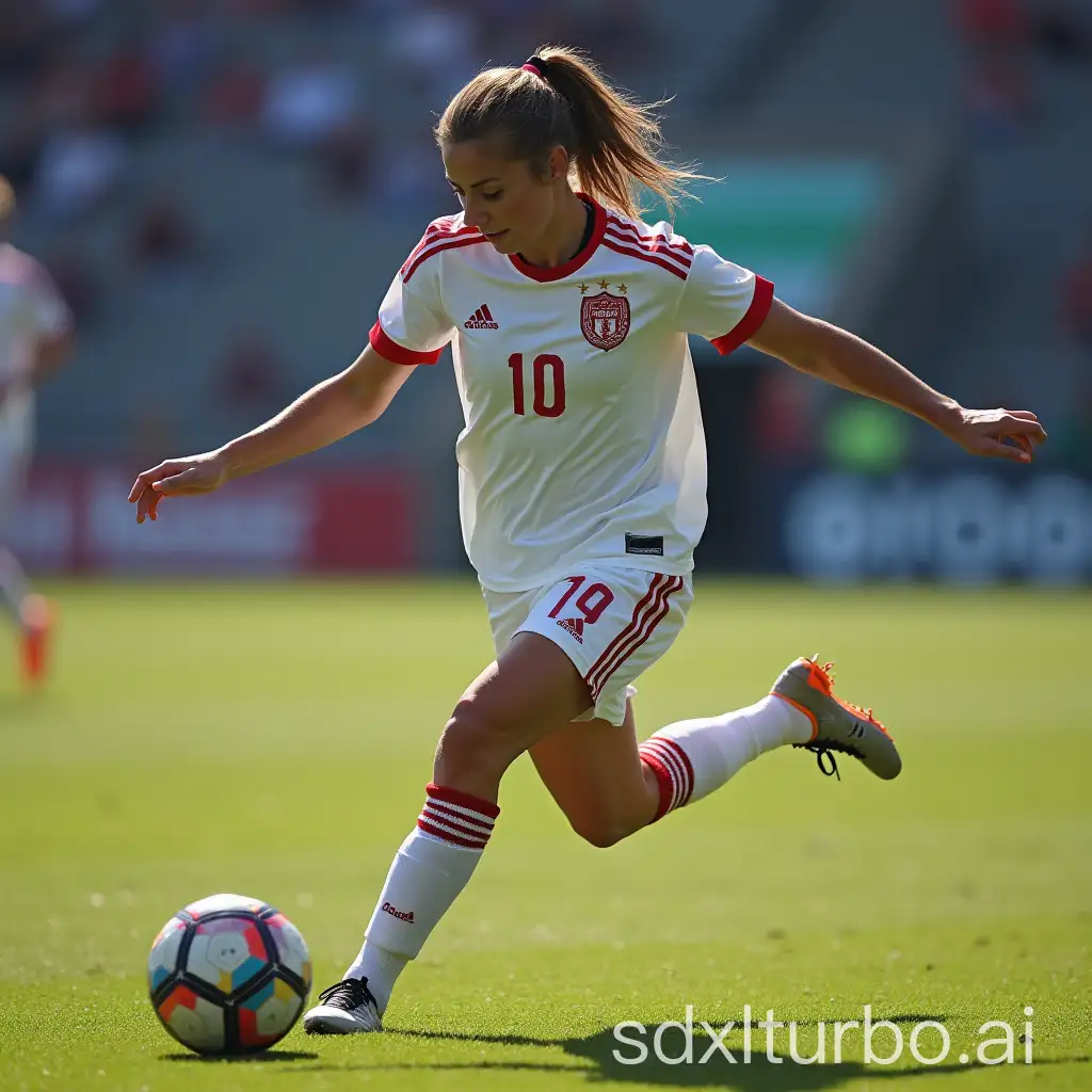 Woman soccer player in uniform scoring a goal