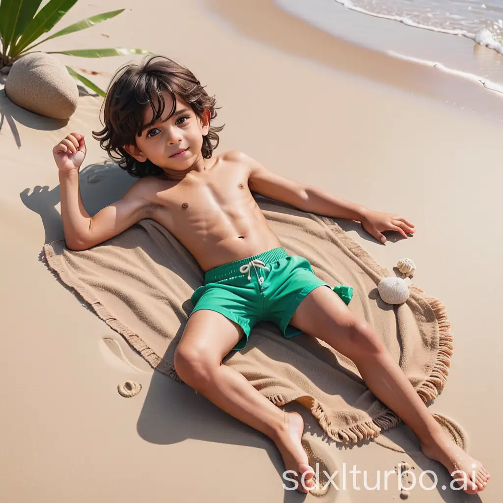 Boy Mowgli lying on the beach full body