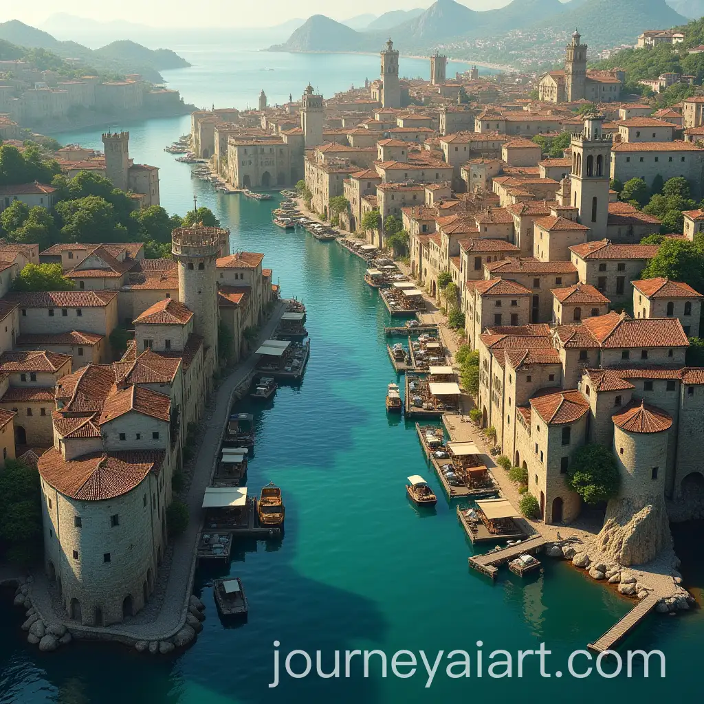 Spanish-Medieval-City-with-Docks-and-Markets-Surrounded-by-Atolls