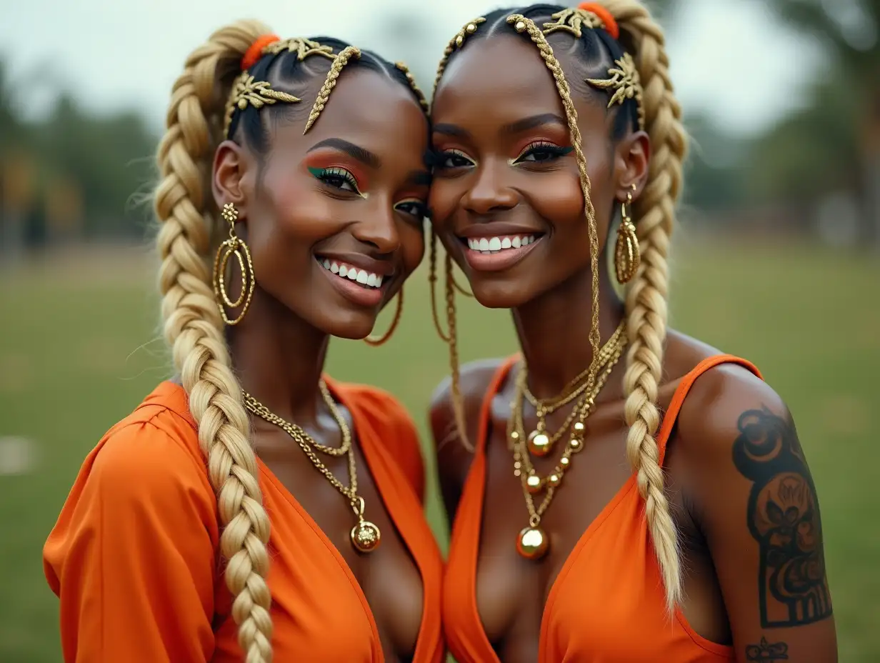 Two white, rounded Pin-up Asian women with golden braids, wearing makeup, an orange deep V neck blouse, tattoos, gold chains with ball hangers, white lipstick emphasizing their smile, black skin, in a park with many houses in Cyberpunk Brazil full of colorful 8k quality