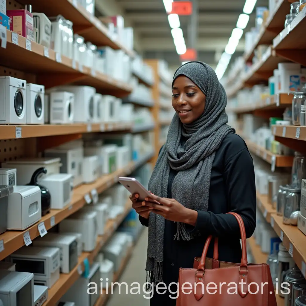 a Sudanese woman, Saida, shopping in a store for electrical appliances and home utensils