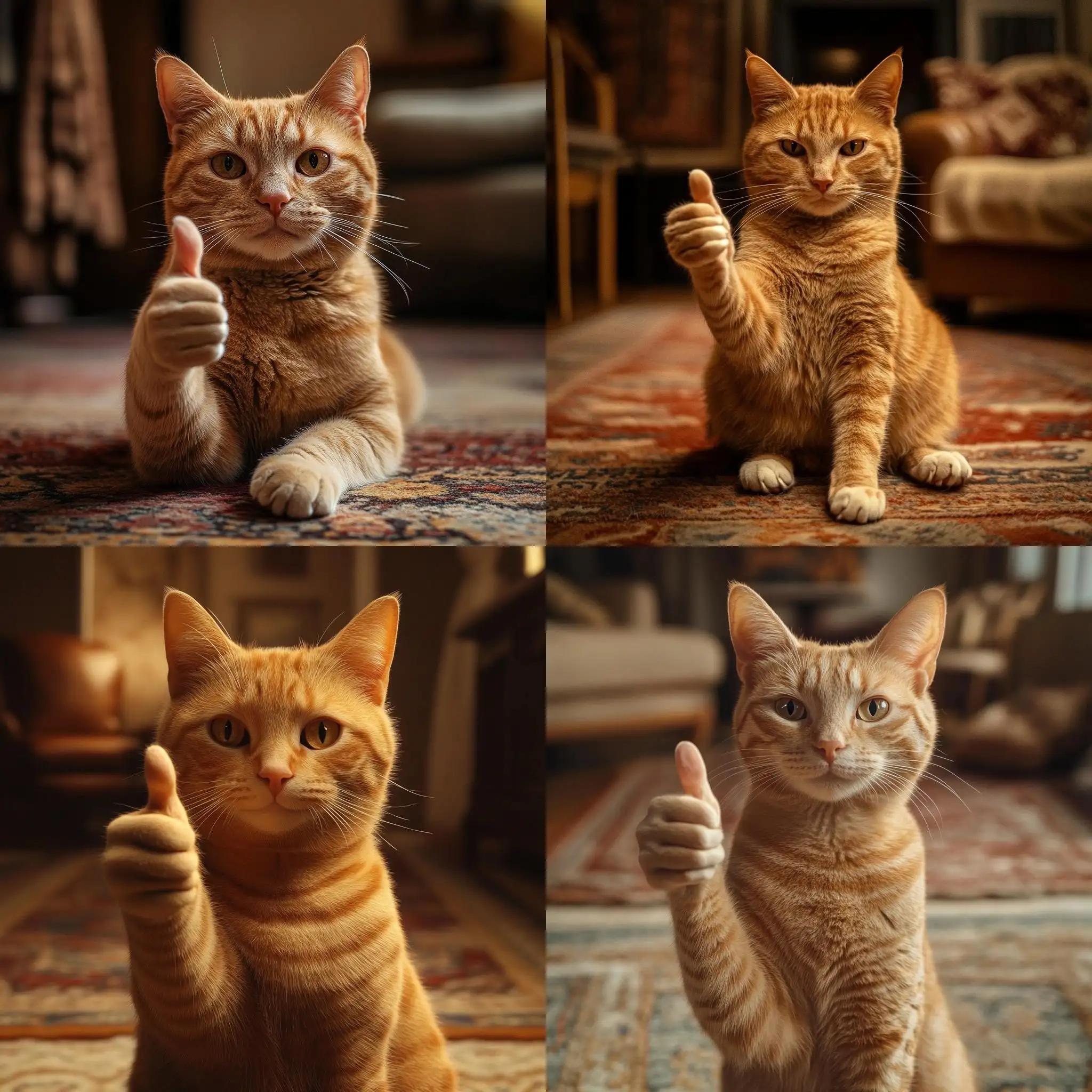 Orange-Cat-Sitting-Indoors-Making-ThumbsUp-Gesture-with-HumanLike-Hand