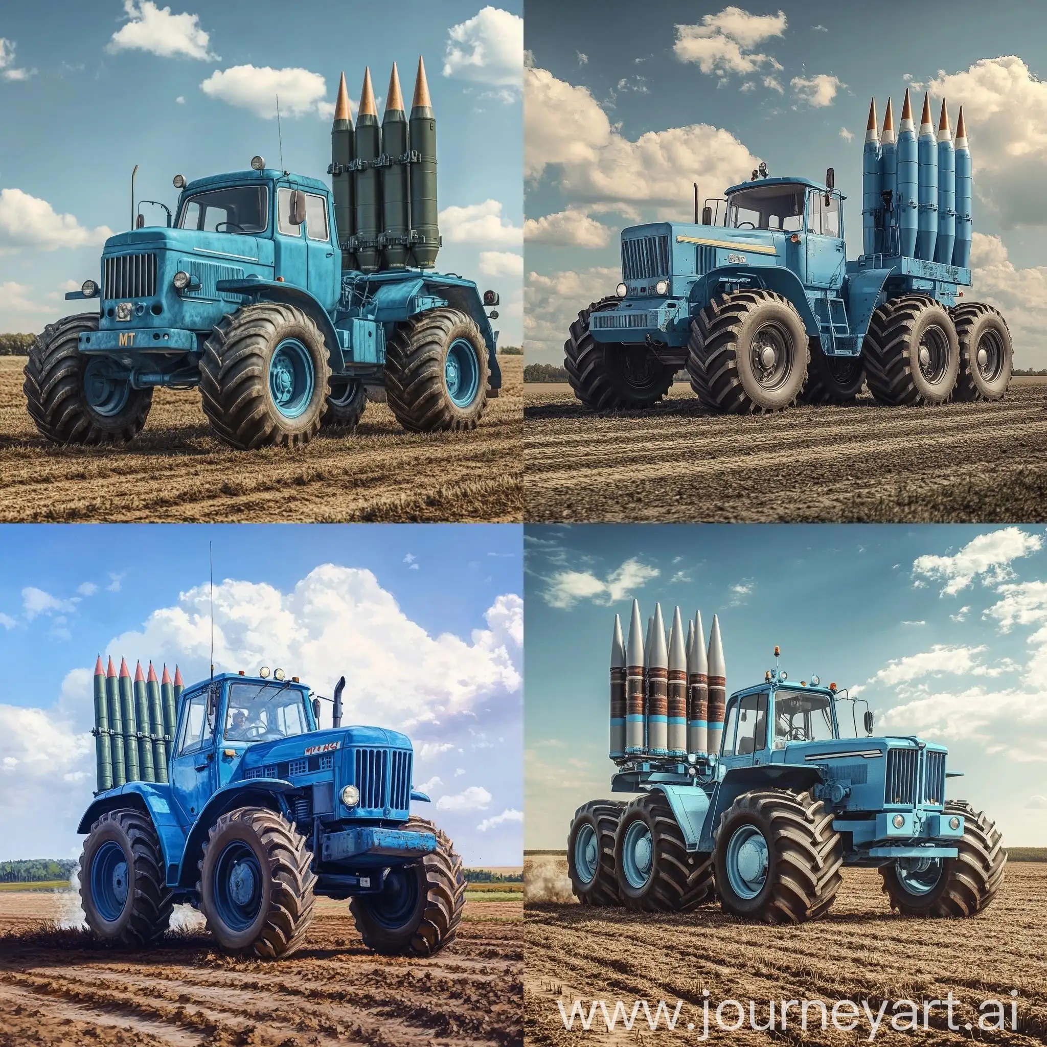 Vintage-Blue-Belarusian-Tractor-with-Rocket-System-on-Plowed-Field