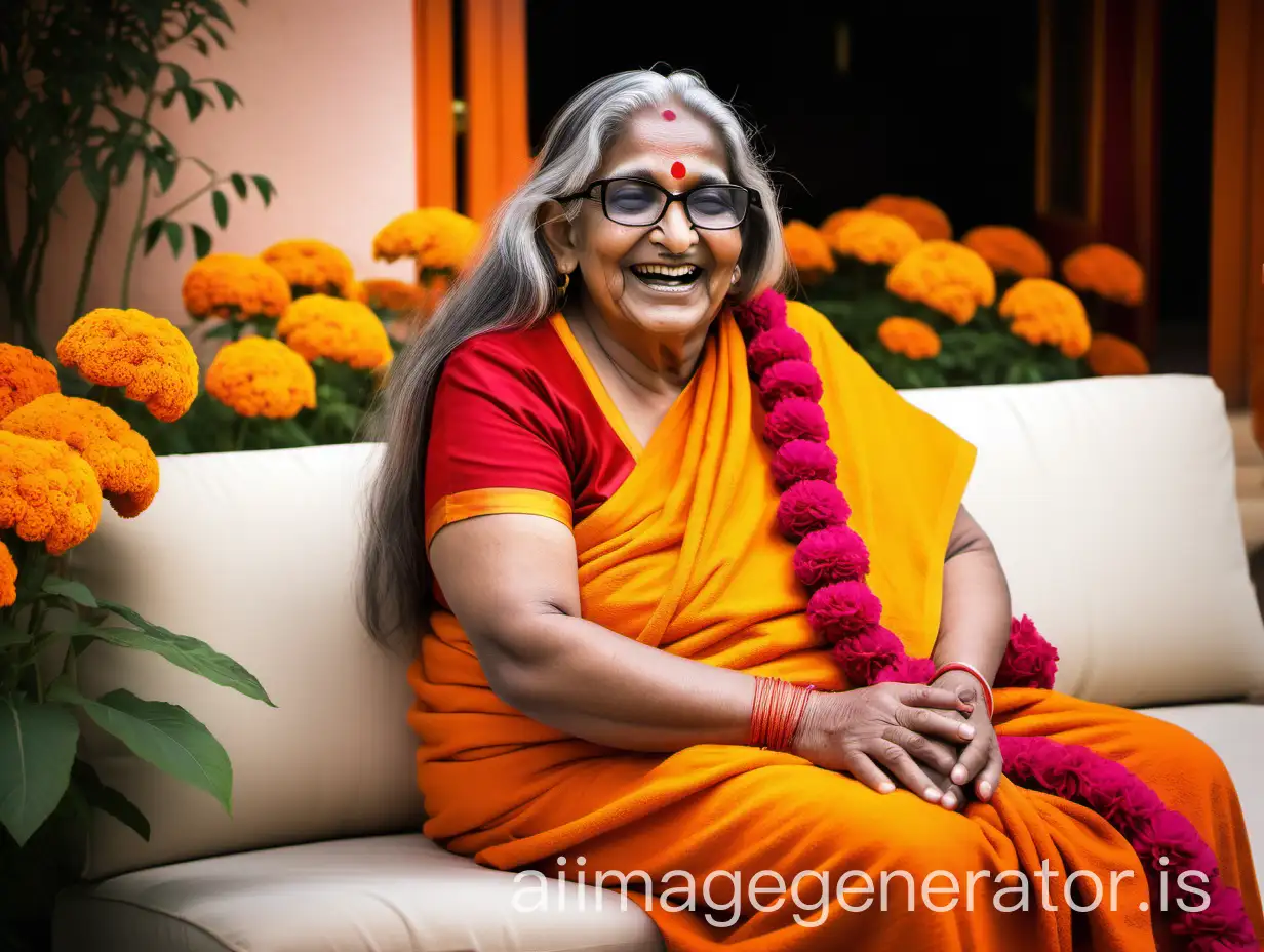 a indian hindu woman monk fat mature curvy with make up having age 75 years old , with long hairs , she is wearing a power spectacles, she is sitting on a luxurious sofa with high heels  in a luxurious marigold flower garden near a home in an indian hindu luxurious ashram, a goat is there it morning time  , she is  wearing a colorful flower garland ,  , , she is wearing a big flower garland and a luxurious red silk bath towel she is happy and laughing