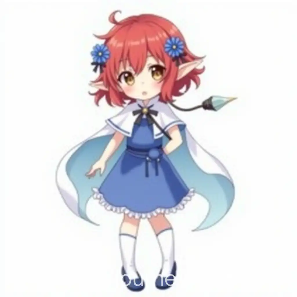 Elf-Girl-with-Red-Hair-and-Blue-Dress-in-Genshin-Impact-Style