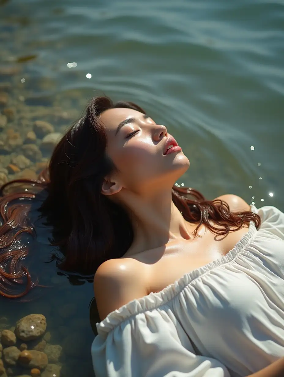 Indonesian-Woman-in-Shallow-Lake-with-Wet-Dress-and-Sunlight-Reflections