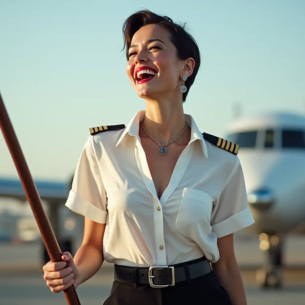 pilot lady, in white casually deep-necked airlines pilot shirt, laughing with her mouth open, red lipstick accentuating her smile, belt on waist, big wide hips, chest are fully grown, jewerly, short hair, HD, holds a long riding crop, airport, photo-realism