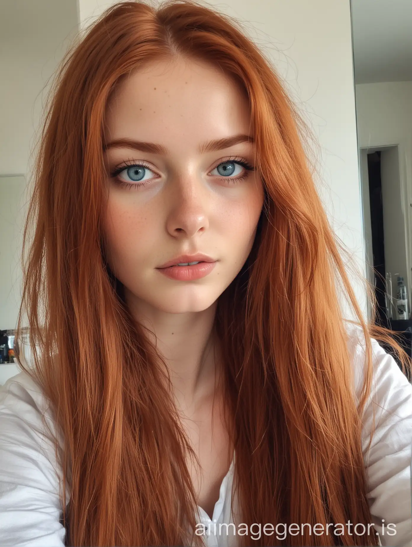 woman, 20 years old, red hair, blue eyes, swedish, supermodel, beautiful face, long hair, thick hair , mirror selfie, instagram model, seductive, perfect face