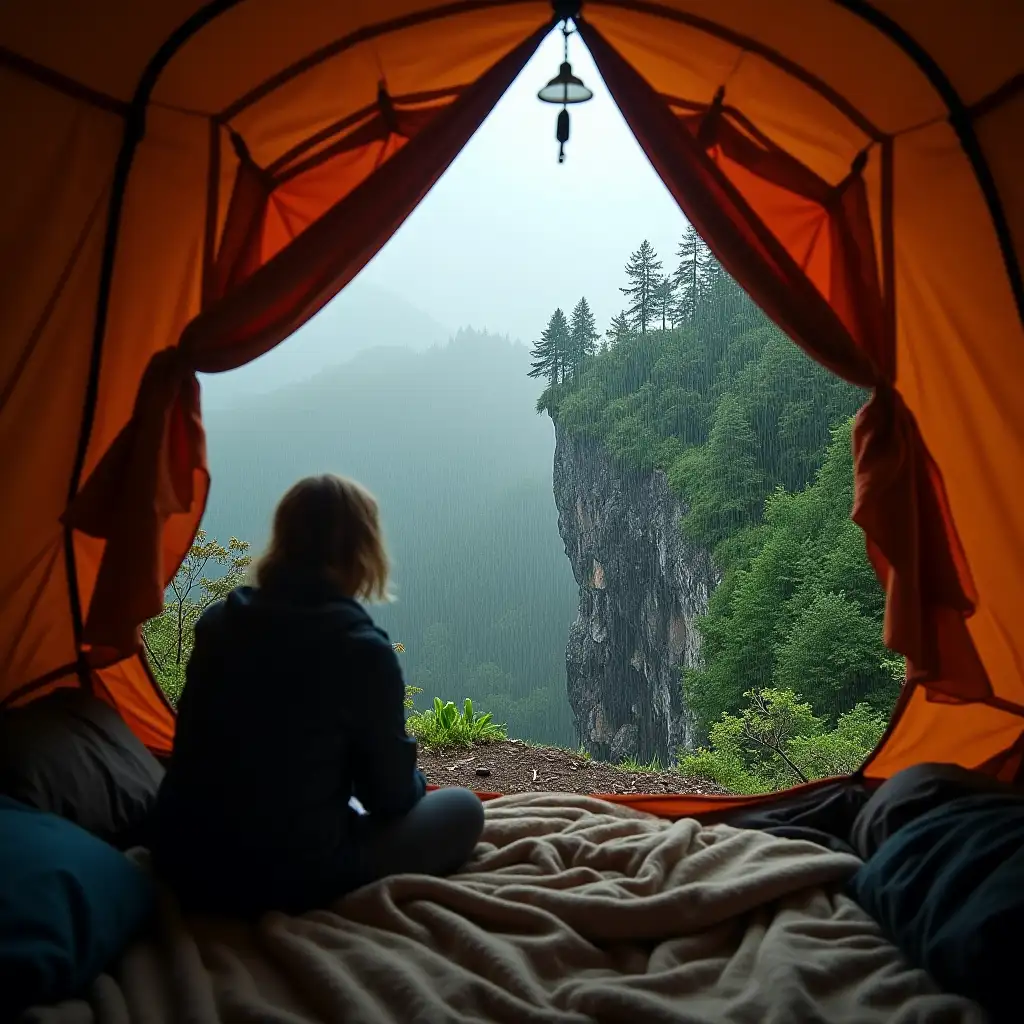 the view from inside of a cozy tent sitting on the edge of a cliff watching the rain fall outside in the lush forest