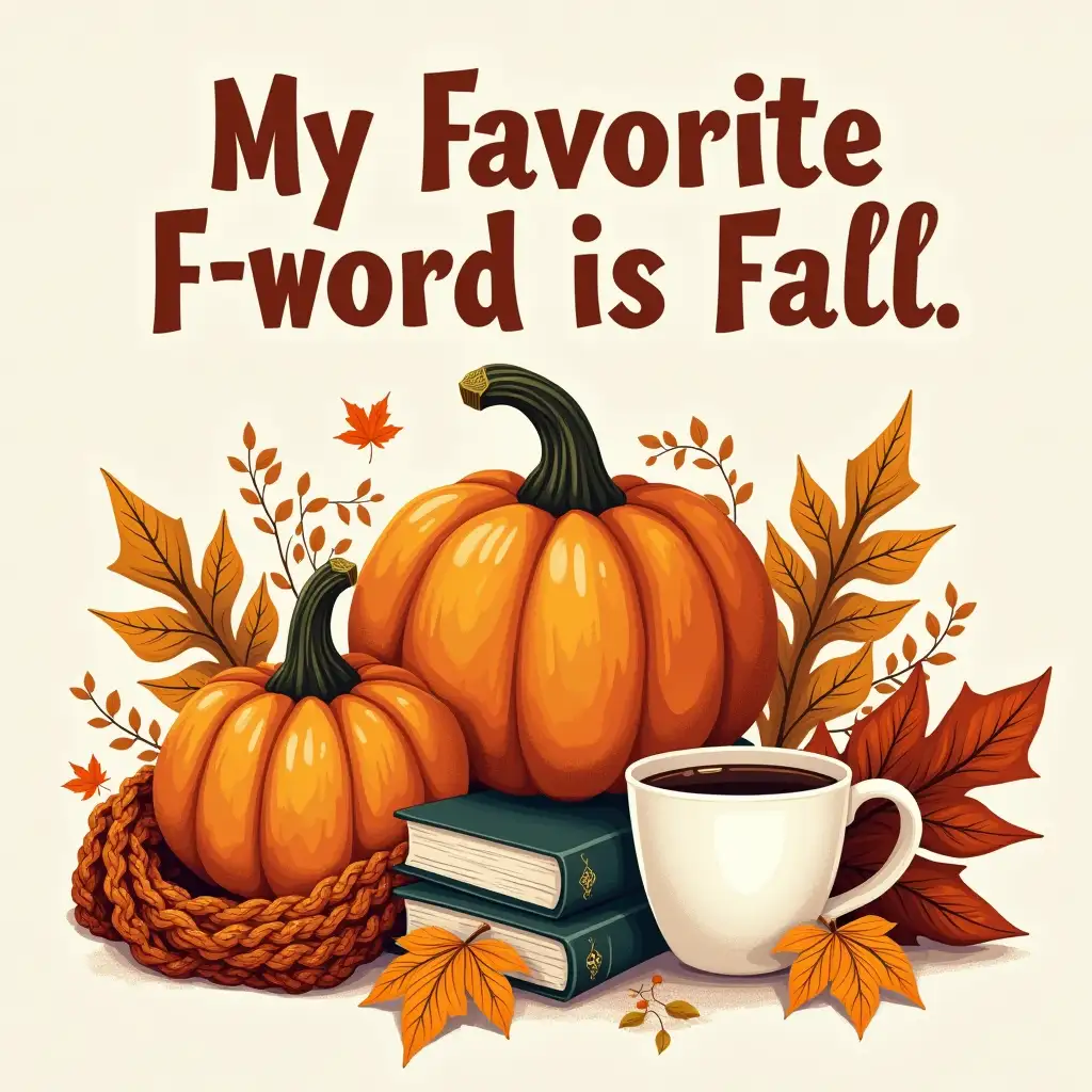 Vector illustration. the text 'My Favorite F-word is Fall' above it. Create an image featuring pumpkins, a coffee cup, books, and a knitted scarf surrounded by autumn leaves in a detailed image style with bold textures.