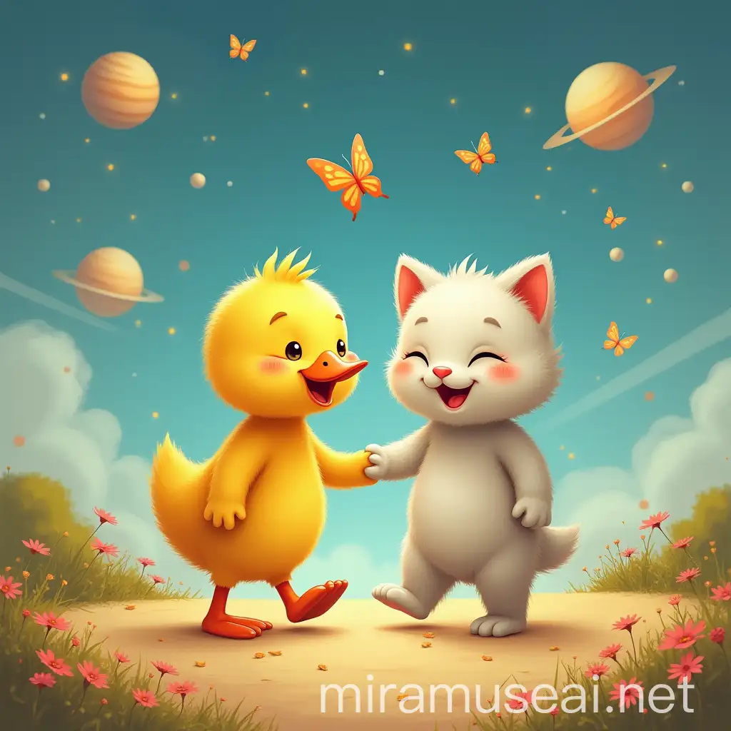 Little Yellow Duck and Fluffy Cat Walking Hand in Hand with Butterflies on Planetary Landscape