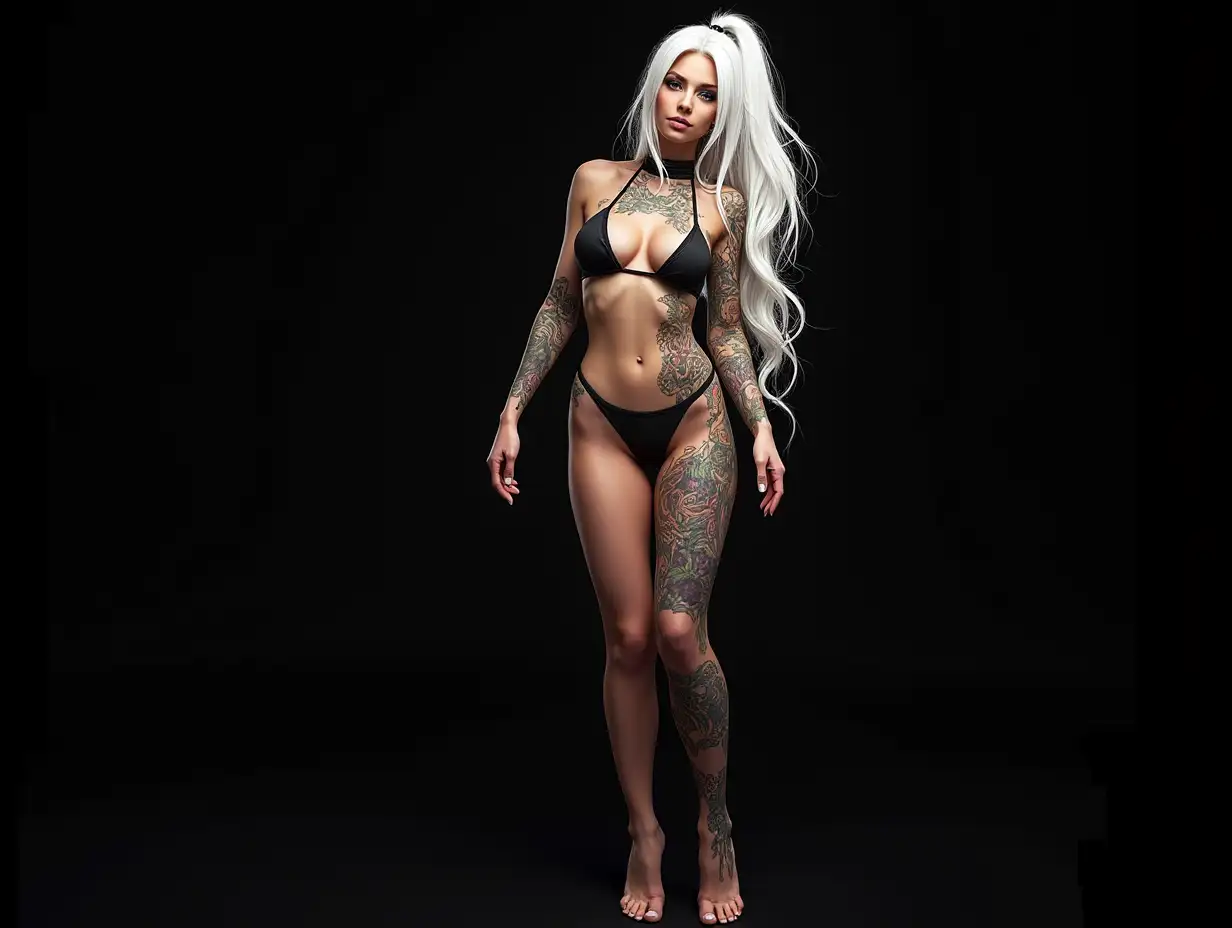 Depiction of a beautiful white woman with tattoos and long mixed white-black hair in a futuristic style and feet on a black background