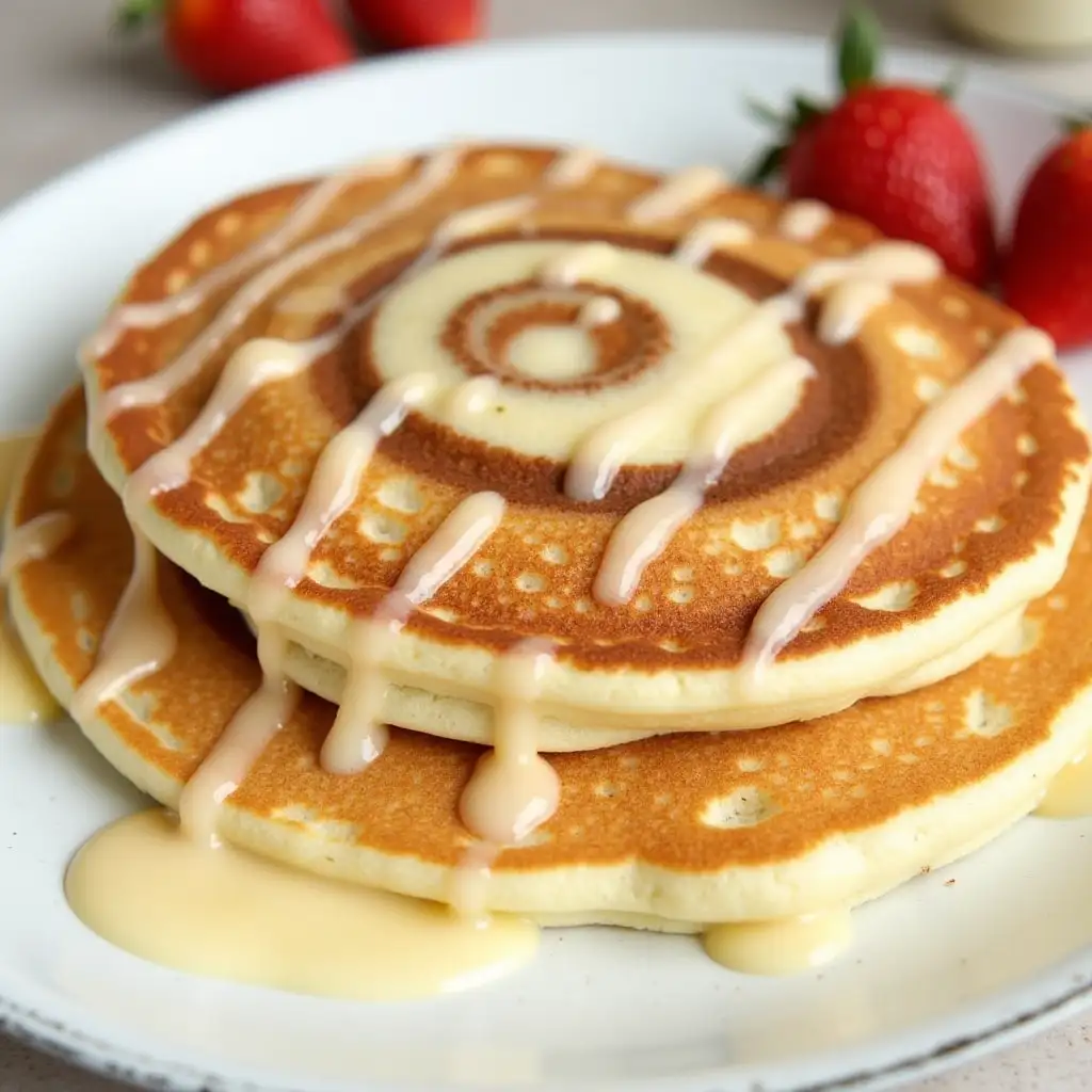 Delicious Cinnamon Swirl Pancakes with Cream Cheese Glaze and Fresh Strawberries