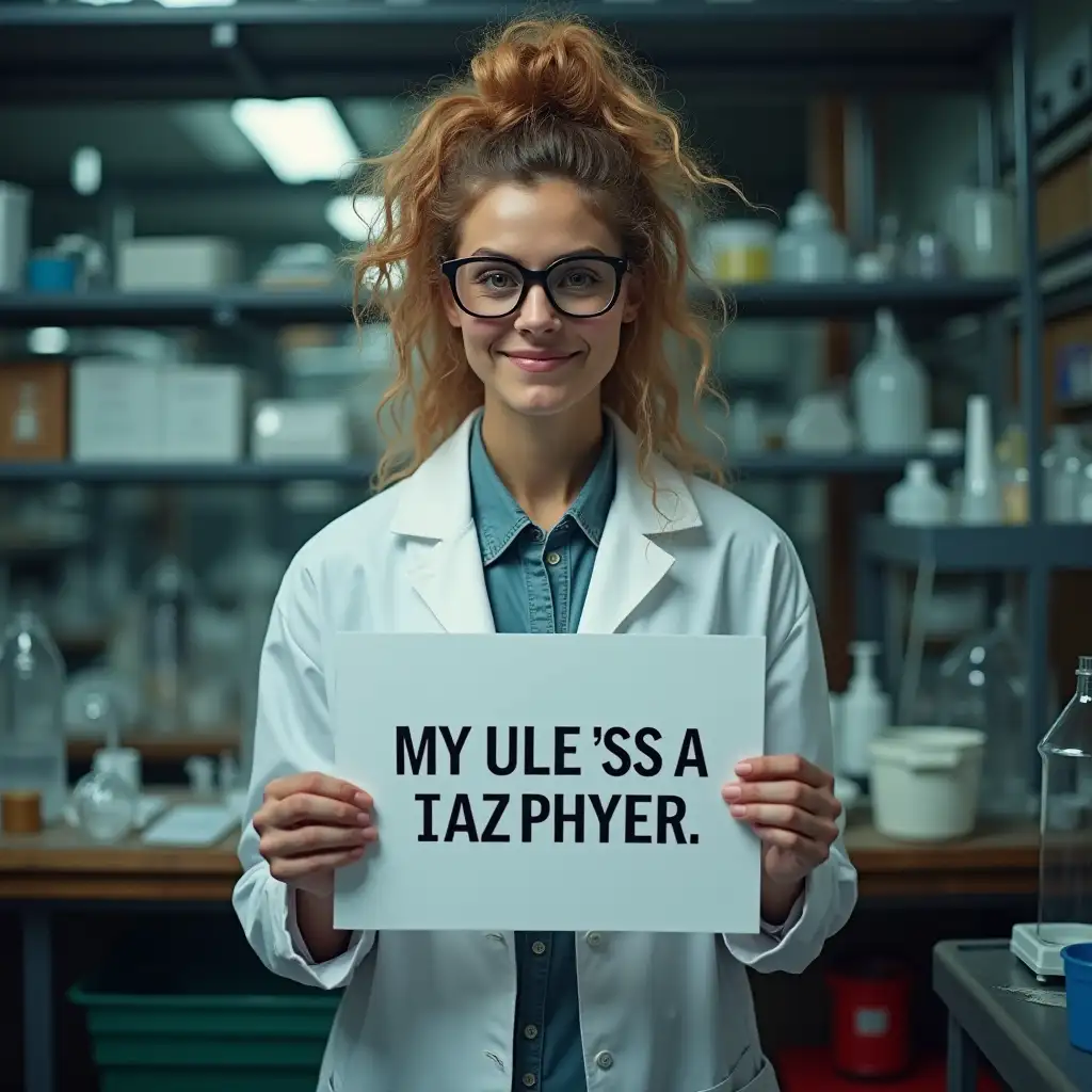 mad scientist, weird looking, in a laboratory, holding a useless motivational slogan in her hands