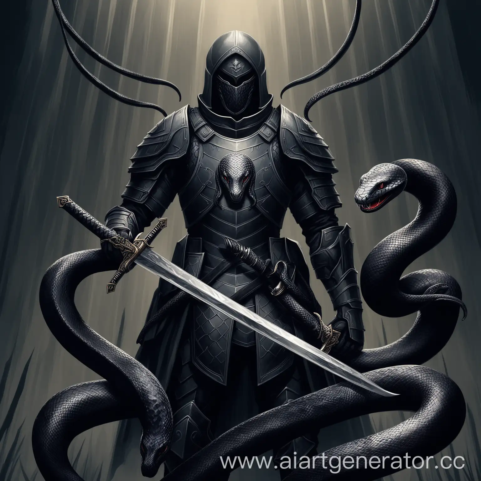 Dark-Armored-Soldier-with-Snake-Emblem-and-Swords