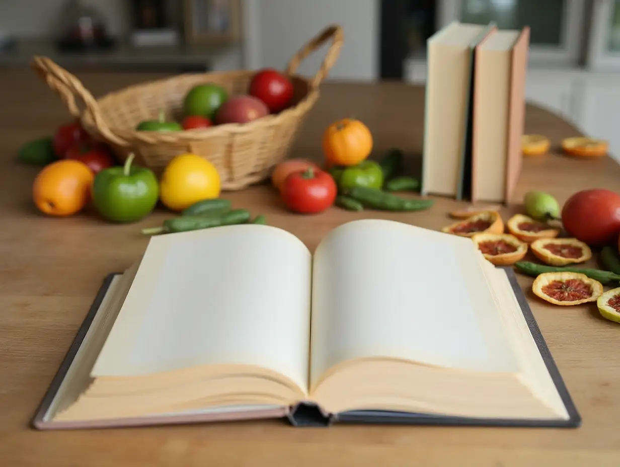 A white book open on a kitchen table surrounded by dried fruit, vegetables and fruit, another book is standing vertically next to it