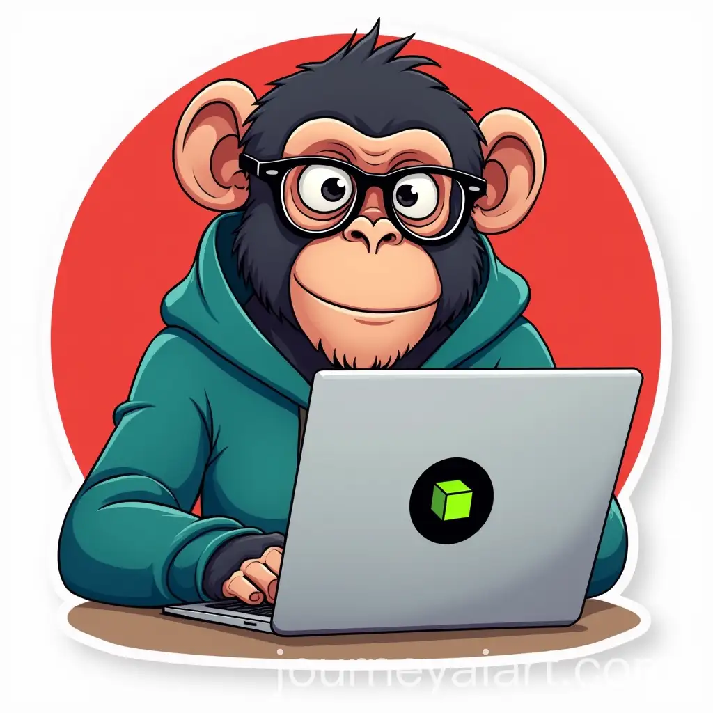 Cartoon-Chimpanzee-with-Glasses-and-Hoodie-Working-on-Laptop-with-Neon-Green-Logo