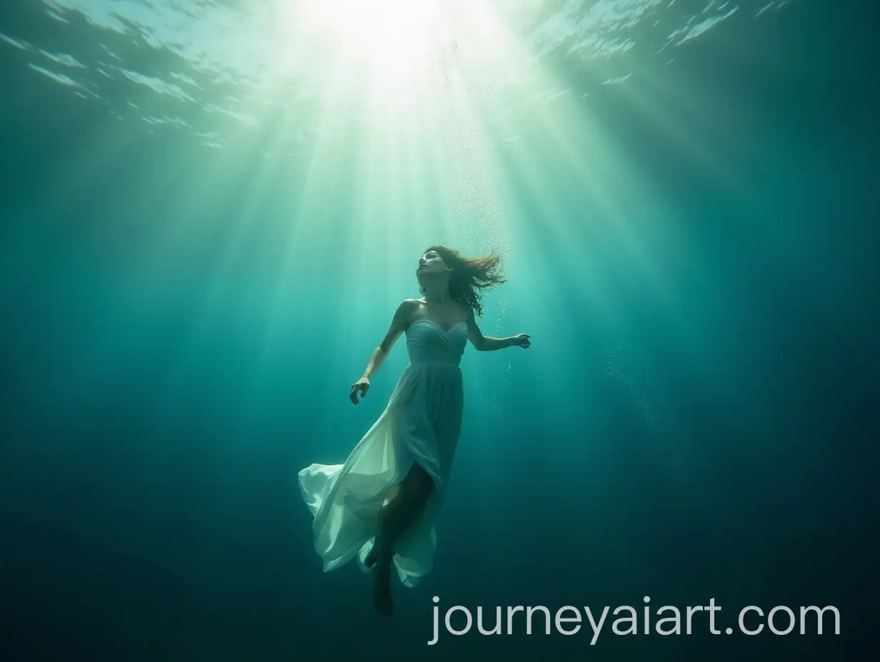 Man-Falling-into-the-Sea-with-Floating-White-Dress-and-Sun-Rays