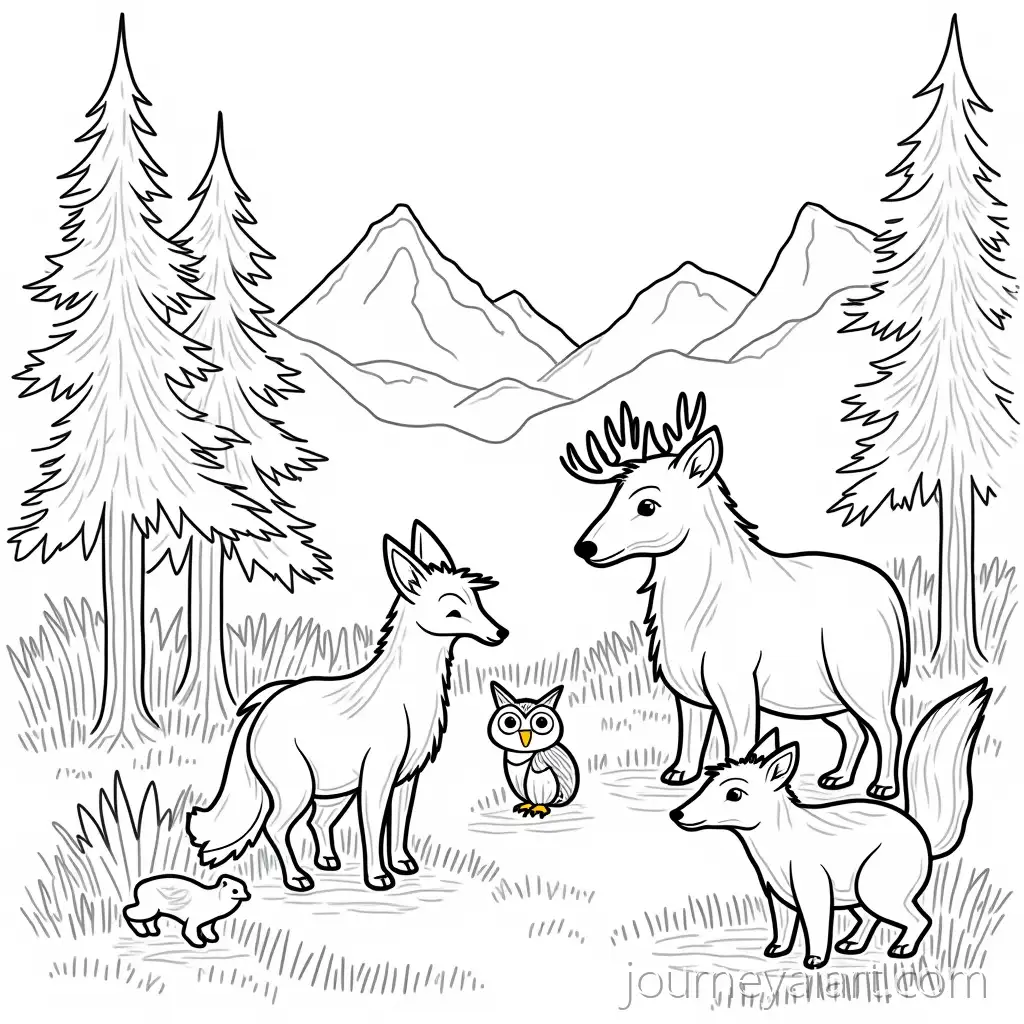 AlAlpine-forest-animals-coloringpine-Forest-Animals-Coloring-Page-with-Fox-Deer-Squirrel-Owl-and-Bear-in-a-Natural-Forest-Setting