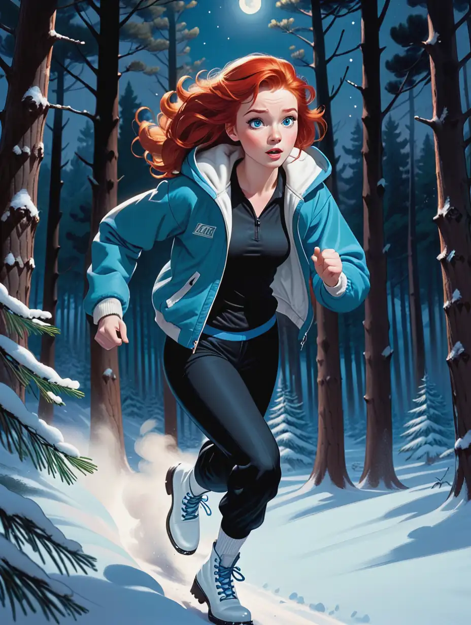 Anxious woman, with red hair and blue eyes, wearing a blue hooded jacket, black pants and white boots, running through a snowy pine forest at night, bluish moonlight, in the 1950's, speed effect, cartoon drawing, masterpiece