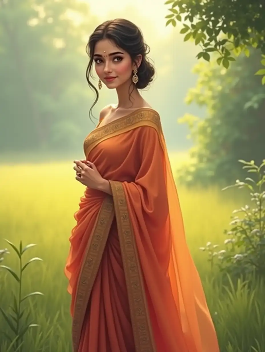 Create a realistic and serene depiction of a young woman wearing a traditional sari, standing gracefully in a natural outdoor setting. The sari is elegantly draped in vibrant yet subtle colors, with intricate patterns and a soft, flowing texture. The woman has a warm, confident expression, her hair styled neatly to complement her traditional look. The background features lush greenery or an open field with soft sunlight filtering through, casting a natural glow on her. The overall atmosphere is peaceful, emphasizing cultural elegance and the beauty of simplicity.