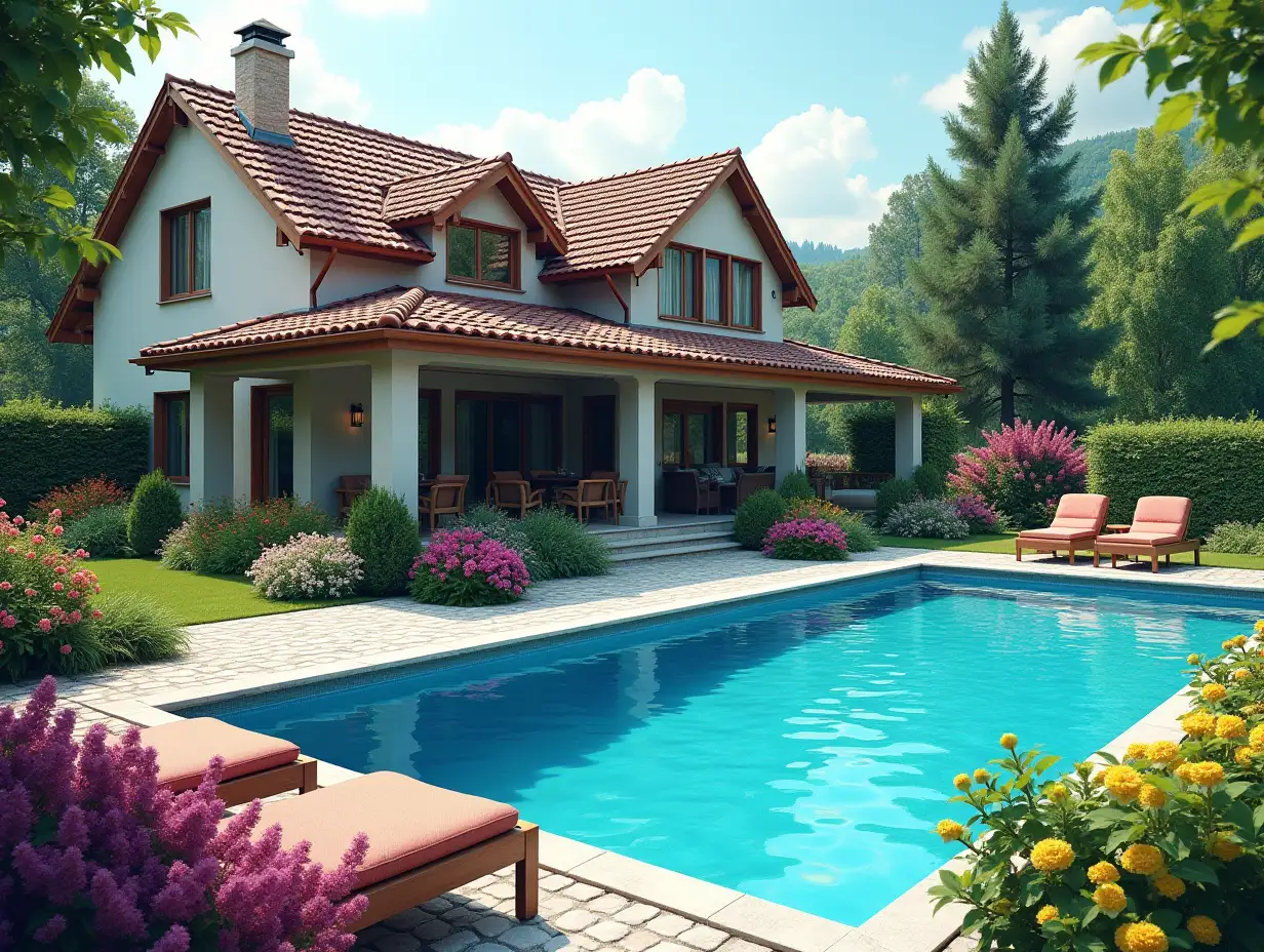 Create for me a house with a large garden and pool with a large house, colorful bushes