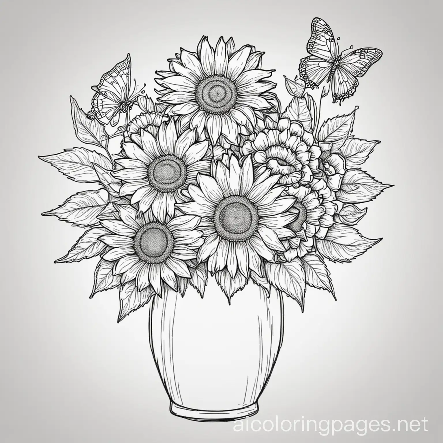 Coloring-Page-Flower-Vase-with-Sunflowers-and-Butterfly