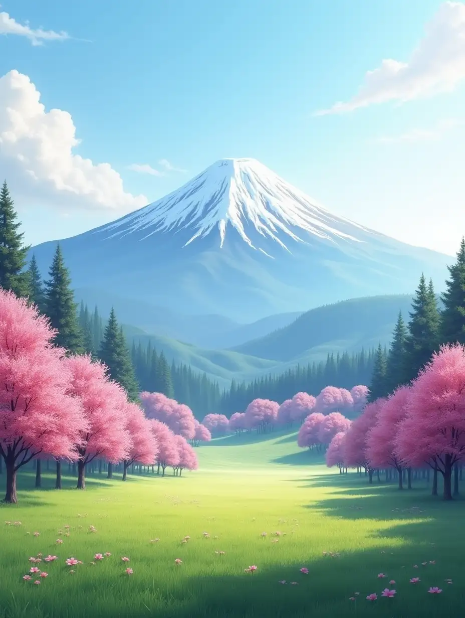 This landscape shows a wide place with flat terrain and many trees. Despite this it has views to a giant mountain located in Japan. [...] THE TREES ARE PINK, THEY ARE BEAUTIFUL AND THE GRASS IS A LITTLE GREEN (ONLY A LITTLE)