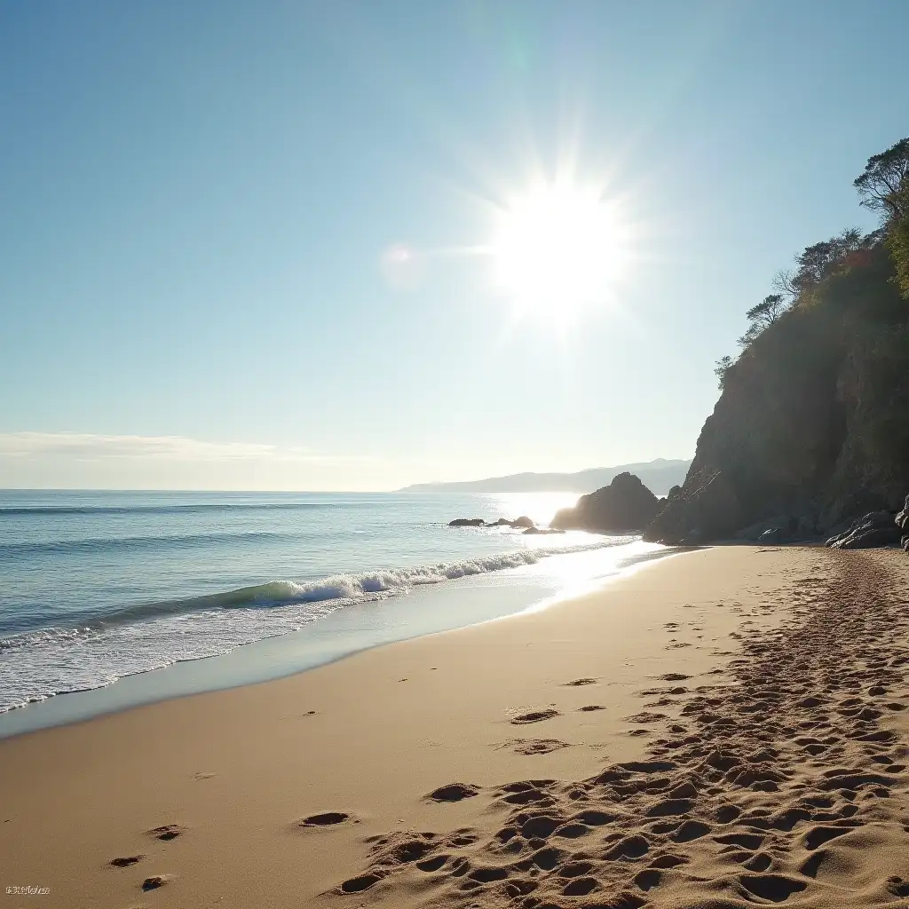 Hyperrealistic image of a calm morning on Valdearenas beach, in Liencres, Cantabria. It's a sunny autumn morning, with the sea calm