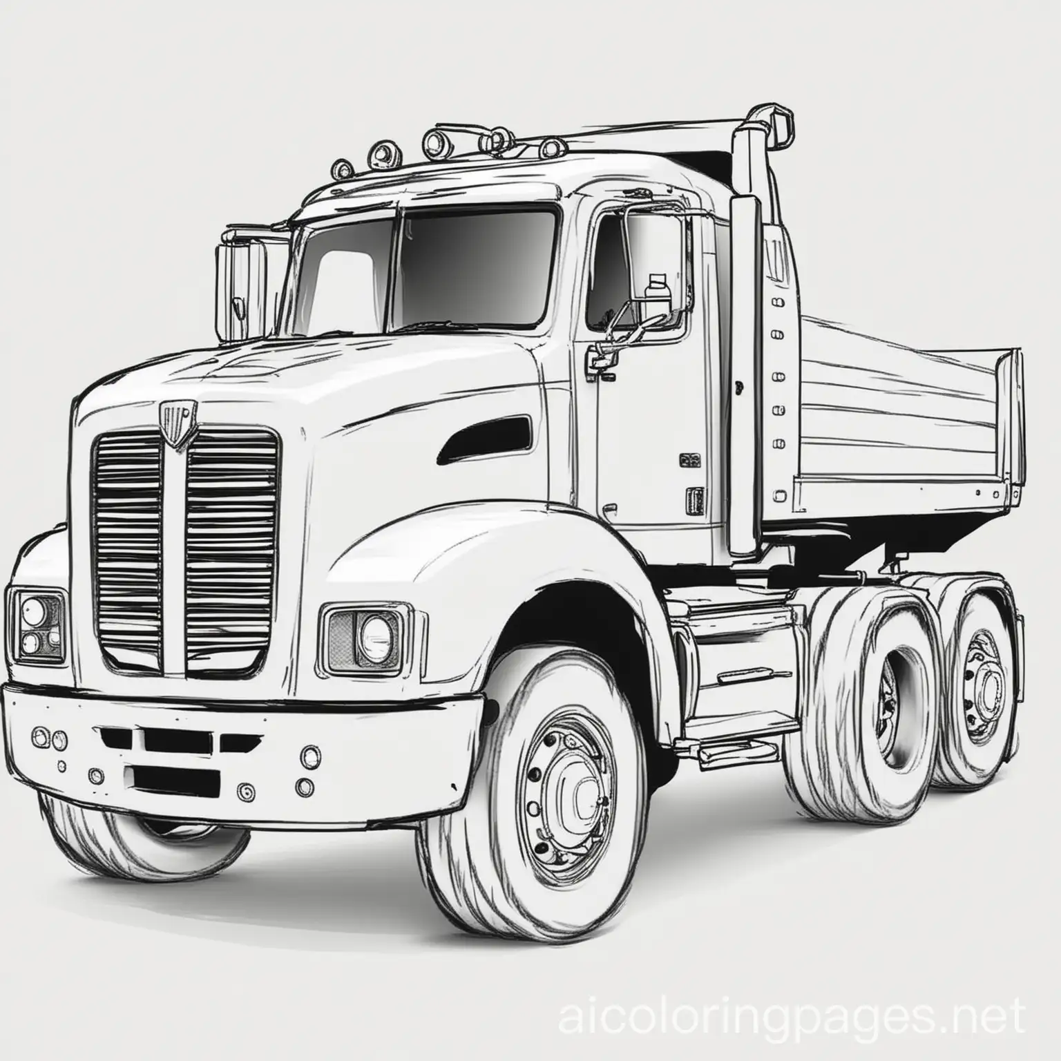 a big truck, Coloring Page, black and white, line art, white background, Simplicity, Ample White Space. The background of the coloring page is plain white to make it easy for young children to color within the lines. The outlines of all the subjects are easy to distinguish, making it simple for kids to color without too much difficulty