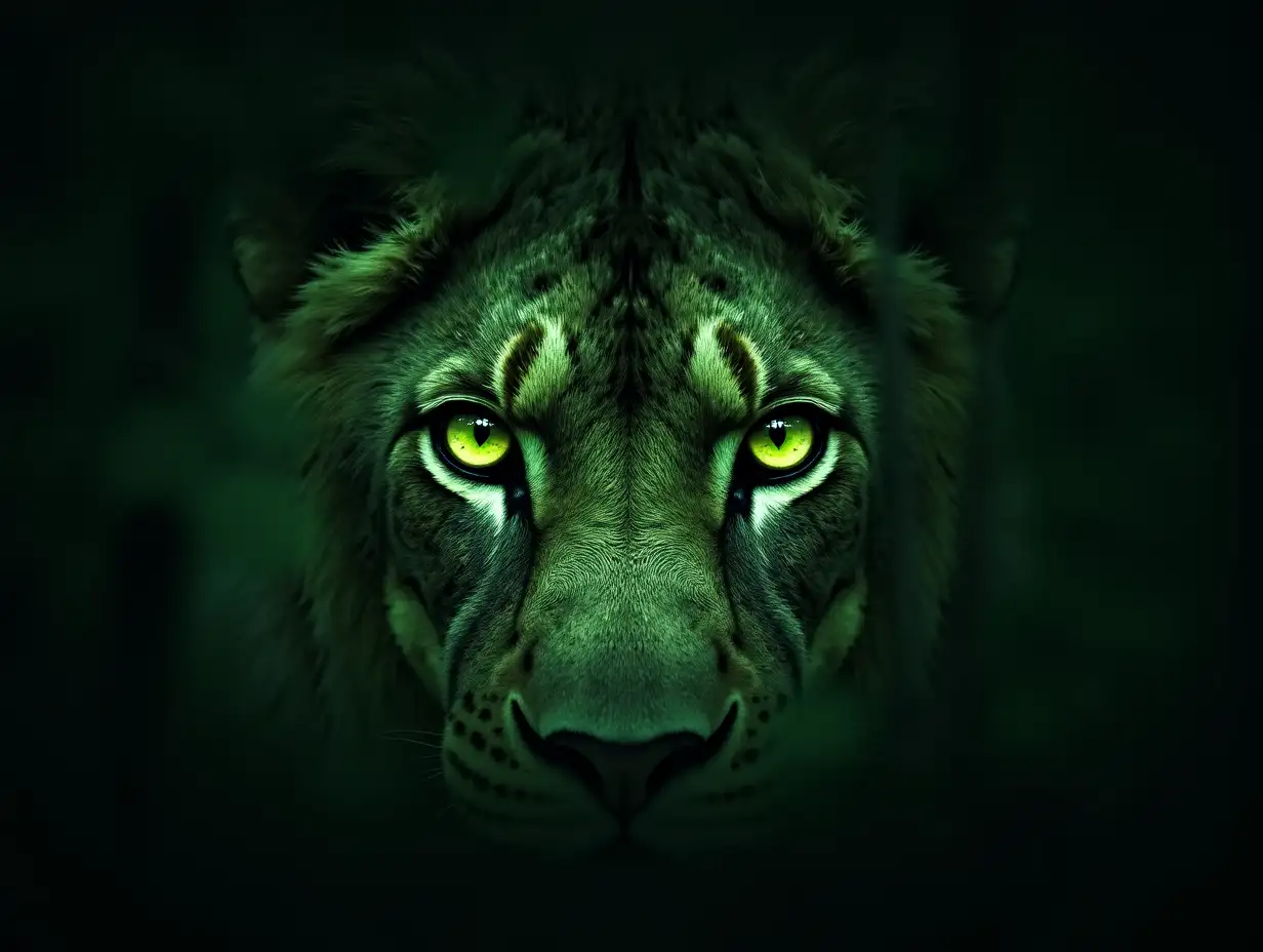 Image of green lion eyes with a forest and a dark surrounding