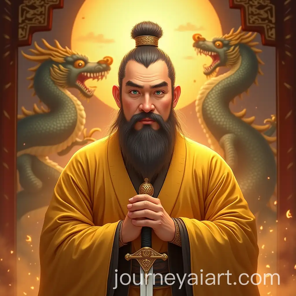 Confucian-Chinese-Man-with-Sword-in-Temple-Setting