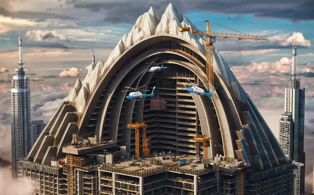 Massive Giant Concave Building Under Construction with Helicopters