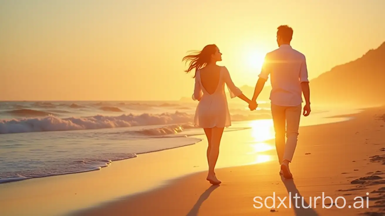 Elegant-Chinese-Girl-Holding-Hands-with-Man-on-Beach-at-Sunset