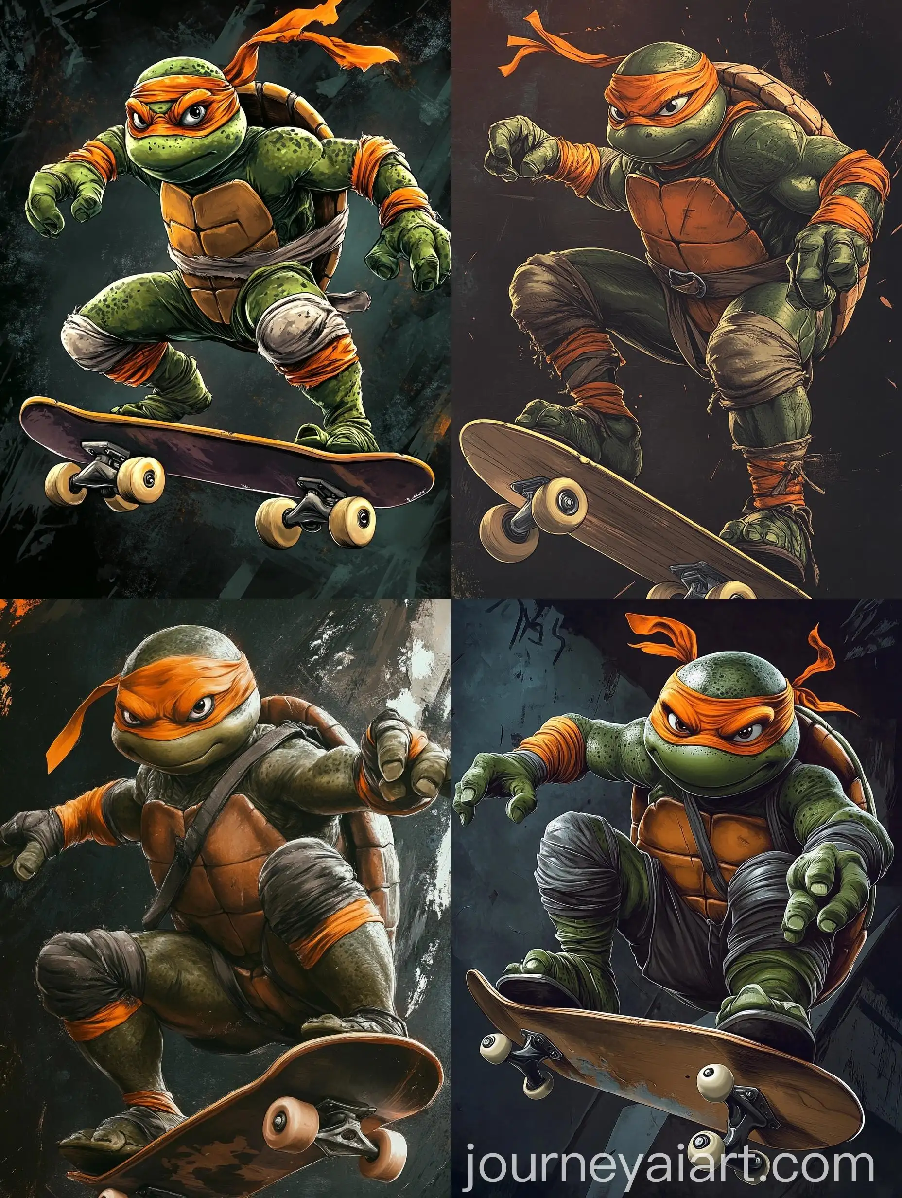 Michelangelo-Teenage-Mutant-Ninja-Turtle-Skateboarding-in-Dark-Cell-Pattern-Background