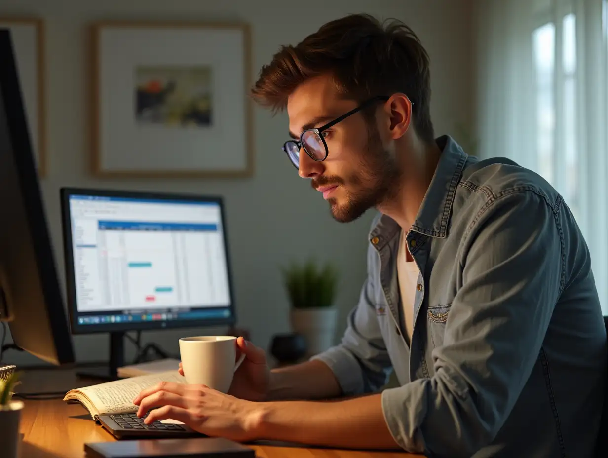 Create a young man reading a book drinking coffee and downloading spreadsheets on the computer