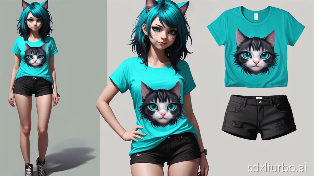 Realistic Cat Girl Turquouse Hair and Shirt with black Shorts