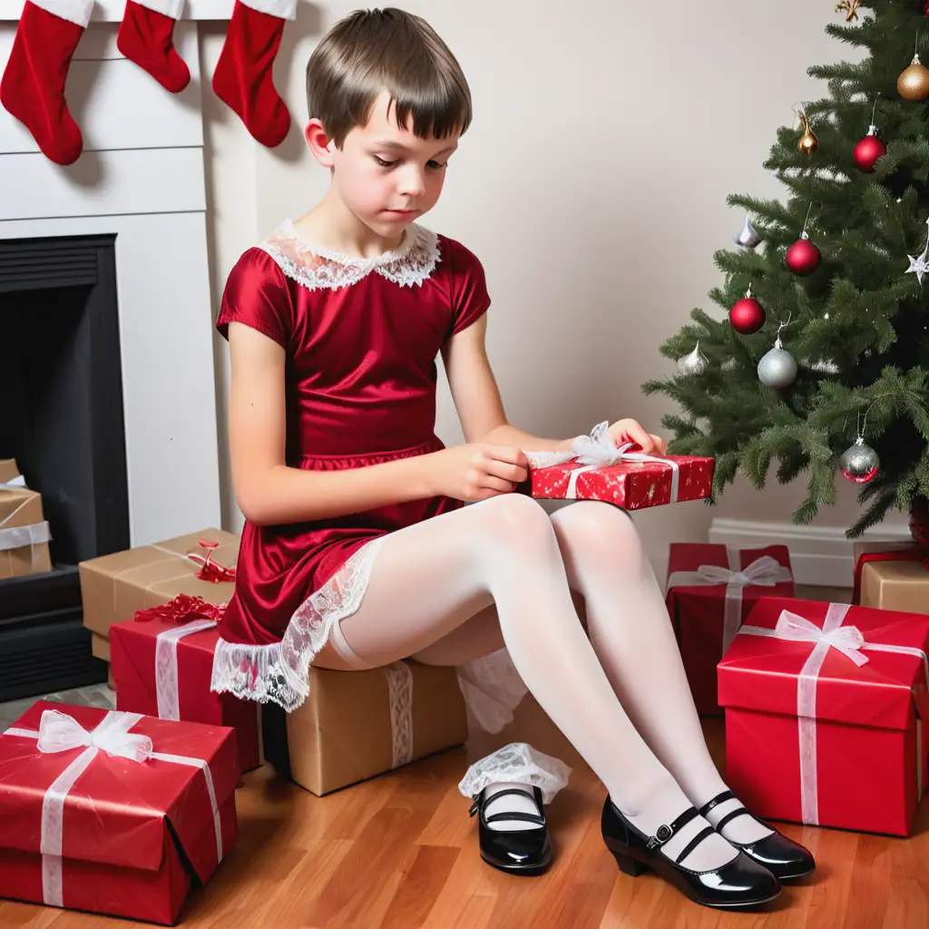 13YearOld-Boy-Unwrapping-Christmas-Gift-in-Red-Dress-with-Lace-Details