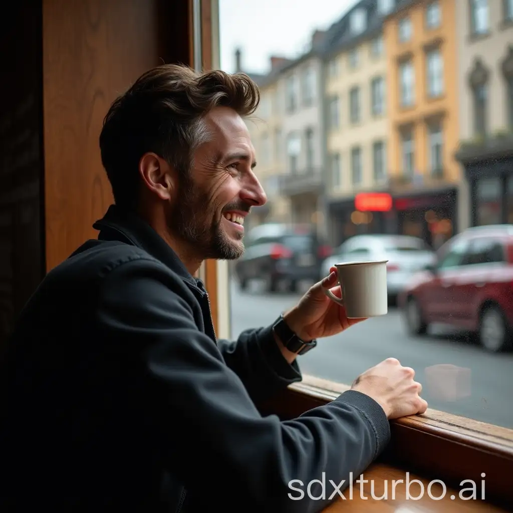 Man-Savors-Coffee-at-a-Streetside-Kiosk-Amidst-Bustling-Urban-Scene