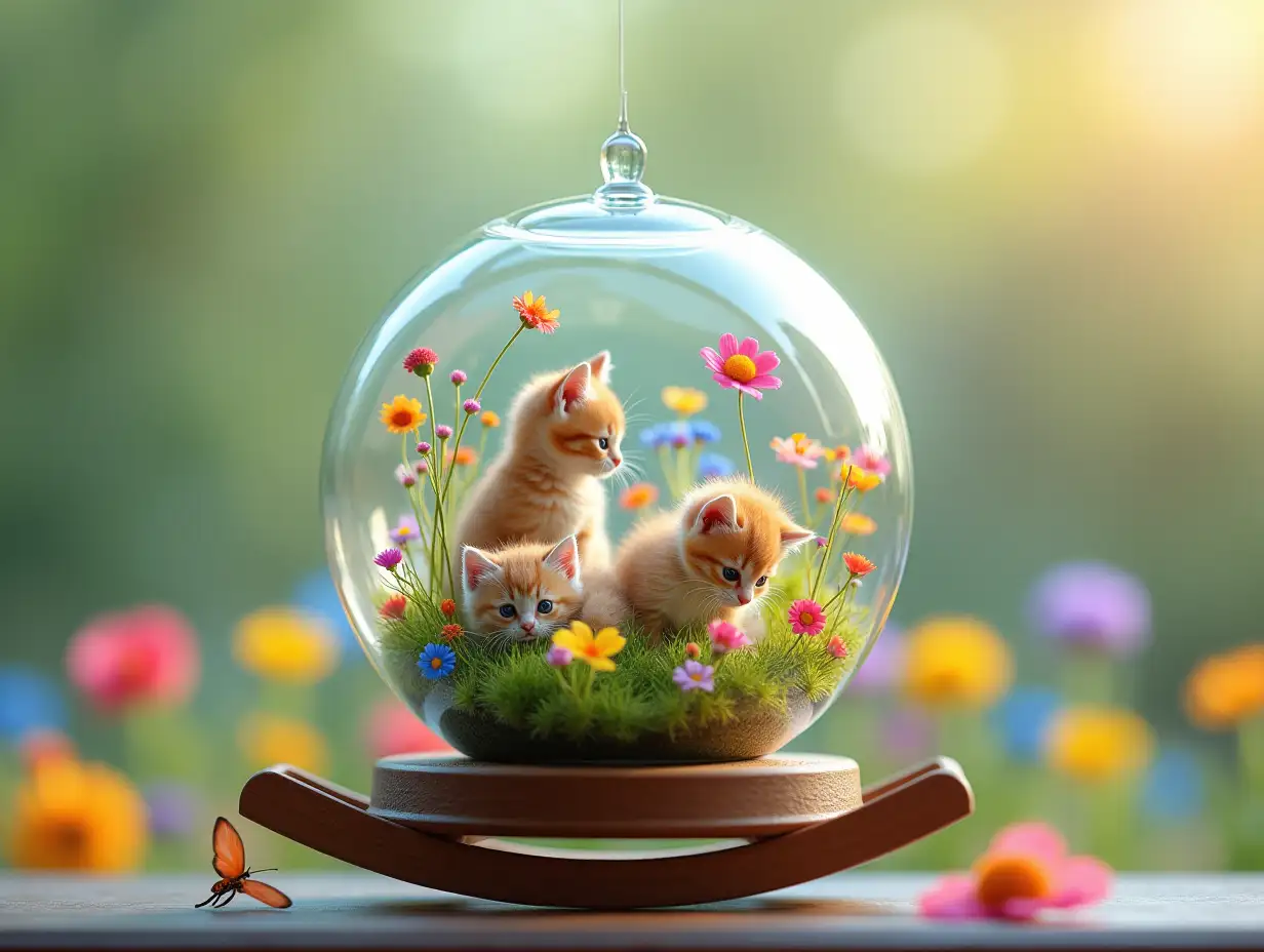 A gently swaying, transparent rocking glass filled with a miniature, magical flower field. Inside the glass, colorful flowers bloom vibrantly in shades of pink, yellow, blue, and purple, creating a lush, dreamlike meadow. Playful kittens frolic among the flowers—one is chasing a butterfly, another is lounging lazily on a patch of soft grass, and a third is curiously exploring the petals. The glass catches the light, casting soft reflections and a warm glow, while the kittens’ playful movements bring the serene, floral scene to life. The atmosphere is enchanting, delicate, and heartwarming, combining nature’s beauty with the innocence of kittens.