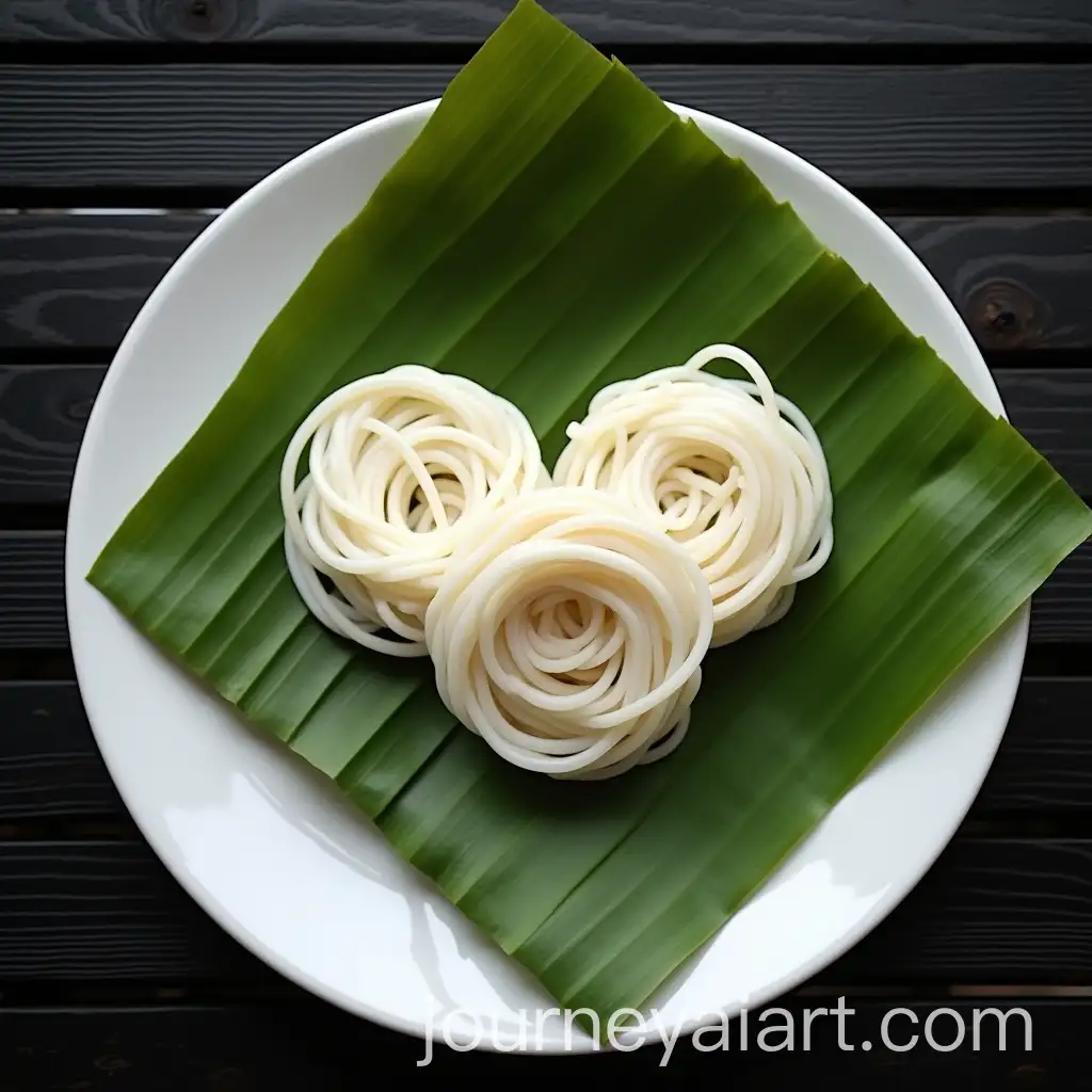 Three-White-Noodle-Rounds-on-Banana-Leaf-on-White-Plate-Top-View