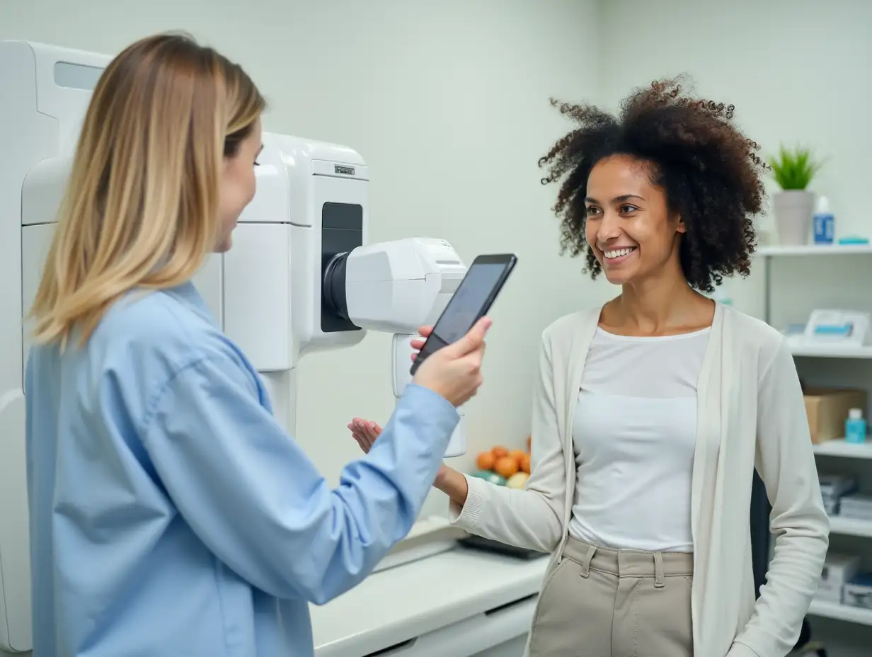 Friendly Female Doctor Explains the Mammogram Procedure to a Topless Adult Female Patient Undergoing Mammography Scan. Healthy Woman Does Cancer Prevention Routine in Hospital Room.