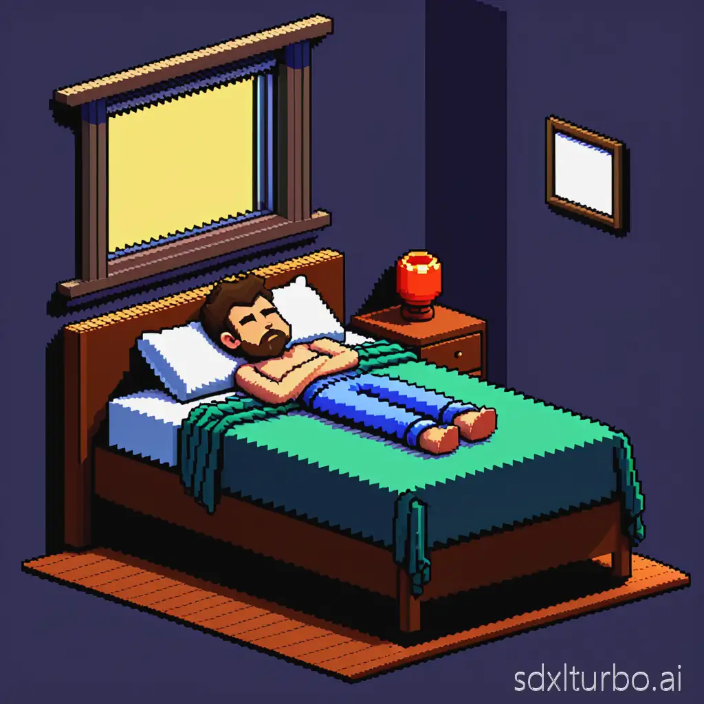 Pixel art, 8 bit, toon , man sleeping in bed, sprite, side view
