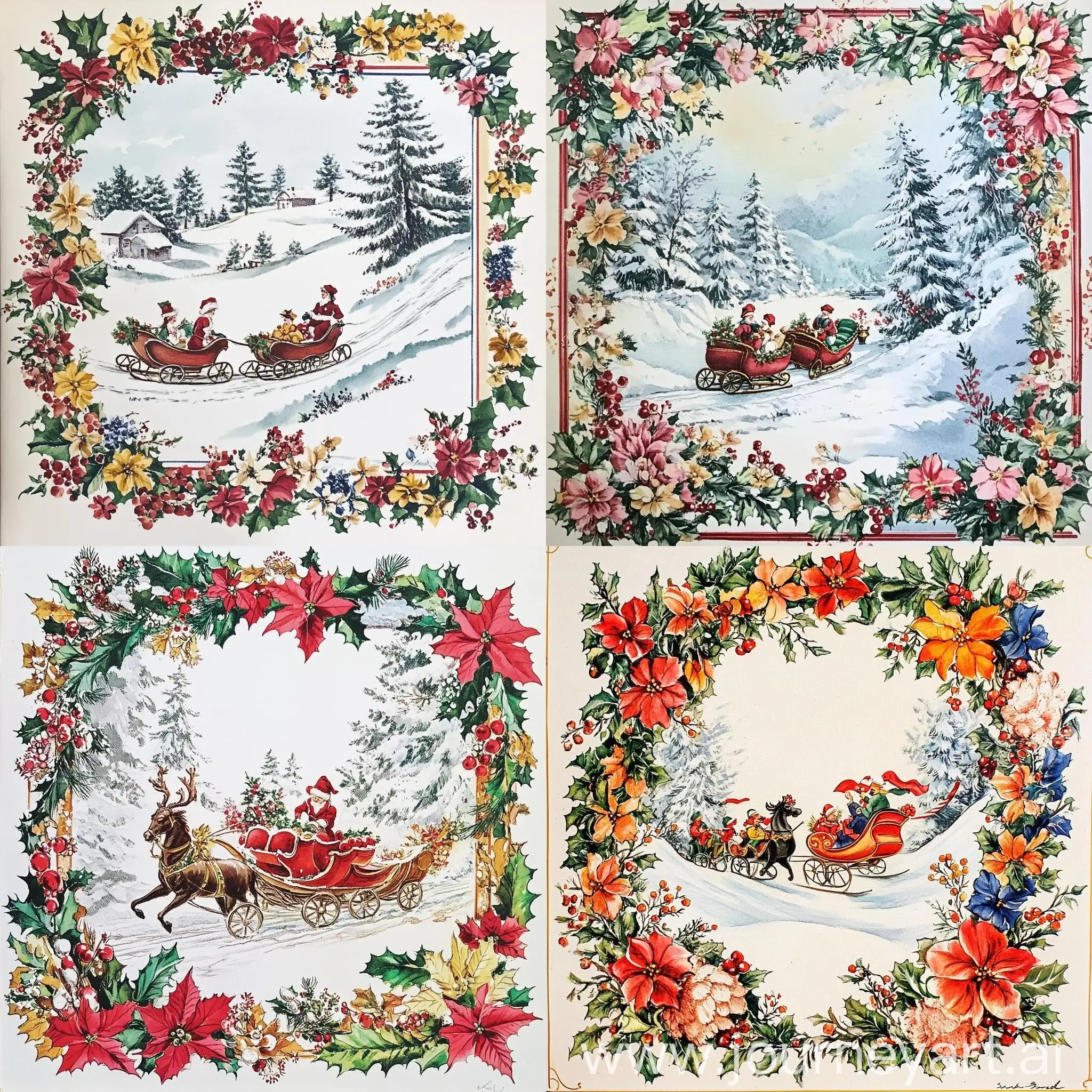 Vintage-Christmas-Sleigh-Scene-Watercolor-Illustration-in-Floral-Border