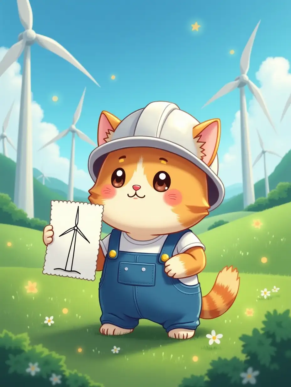 kawaii positive fluffy anime style cat in a white hard hat and blue overalls with a paper drawing of a wind turbine in your hands. Green fields with wind farms in the background with atmosphere of magical glow, paint in cartoon anime style