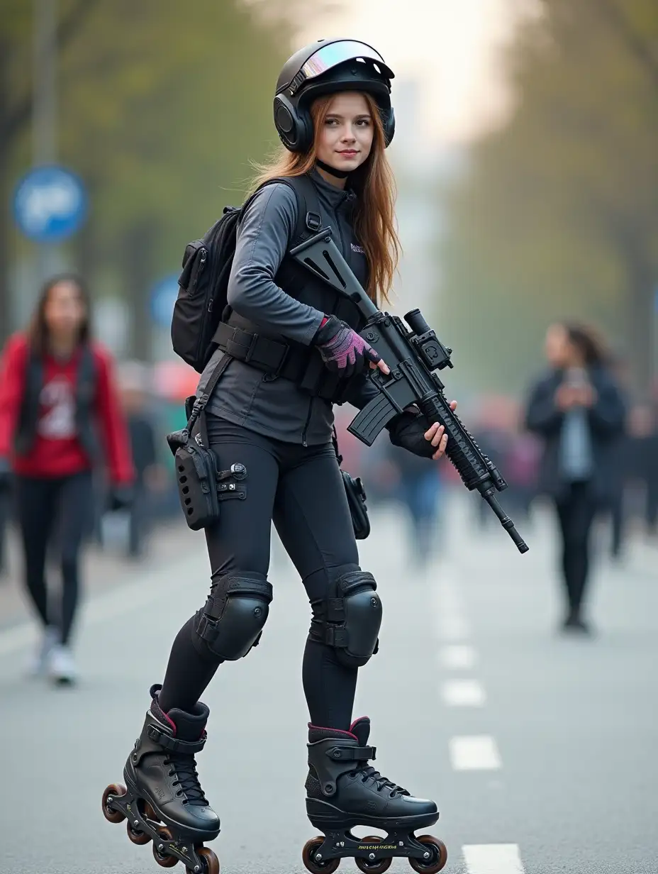 a 17 year old airsoft geared woman at a distance, she is skating on a street, holding a weapon, ordinary people in background, clothes have racing colors, she is wearing lots of functional sportswear, cycling gloves, airsoft helmet with transparent visor over eyes, smartwatch, thick plastic knee pads, modern inline skates with complete organized wheels