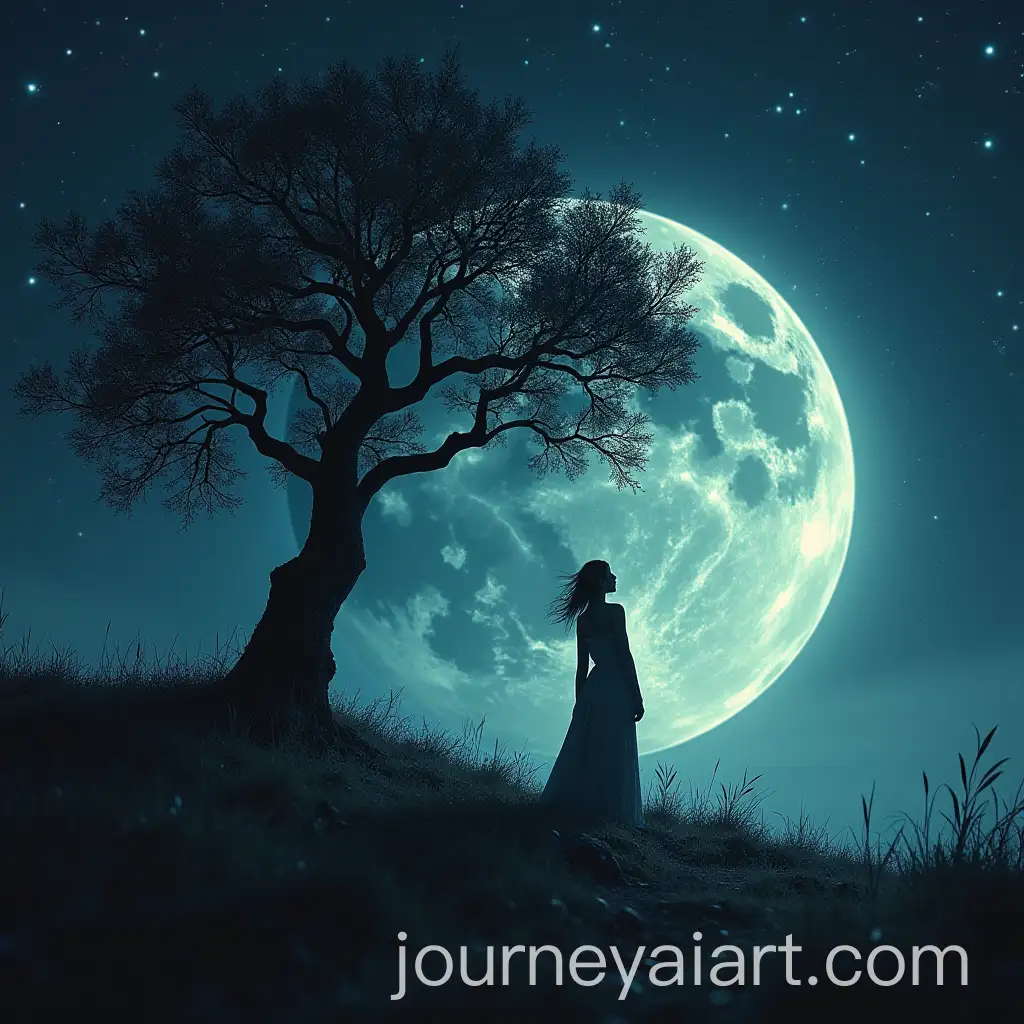 Lady-Standing-on-Earth-with-Tree-under-Moon-in-Space-with-Stars