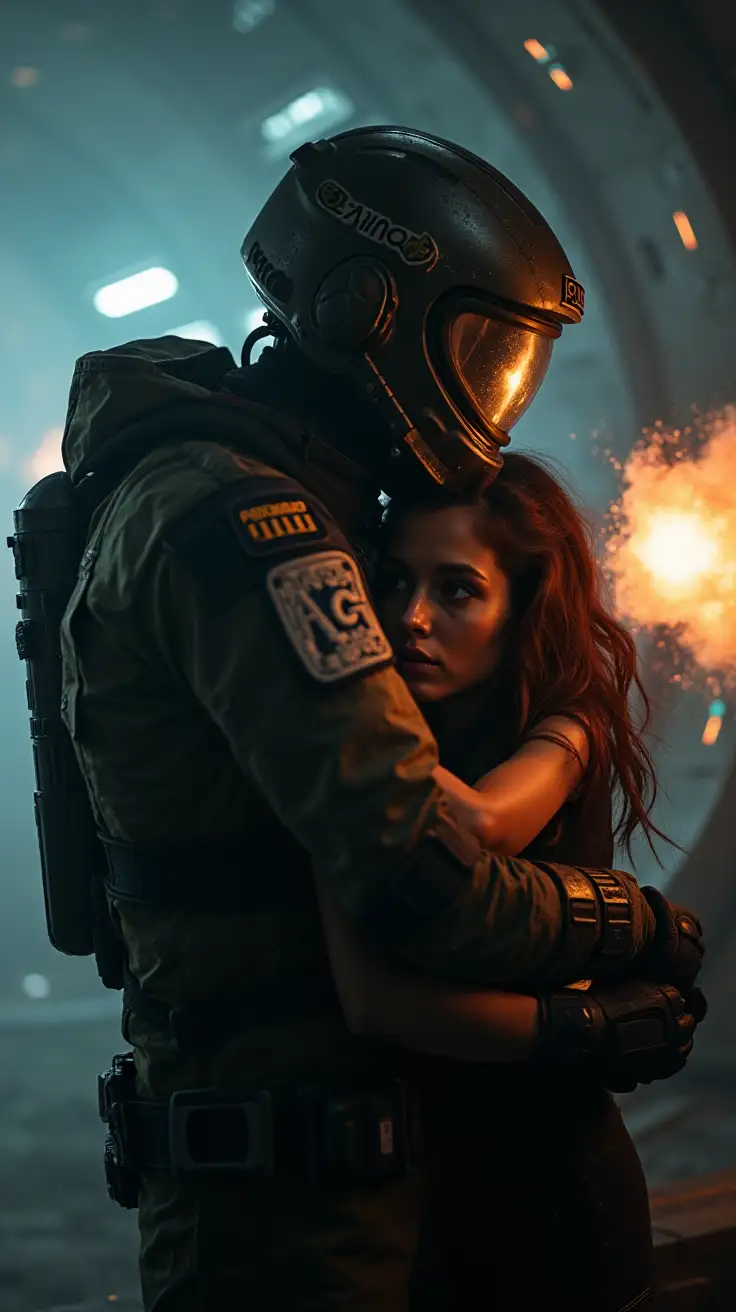 Rogue-Hero-Engaged-in-Firefight-on-Futuristic-Spaceship-with-Desperate-Woman-Clinging-to-Him